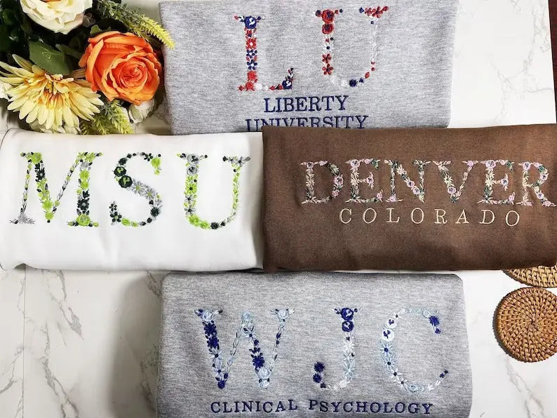 Customizable college floral embroidered T-shirt/crewneck/hoodie customifeel