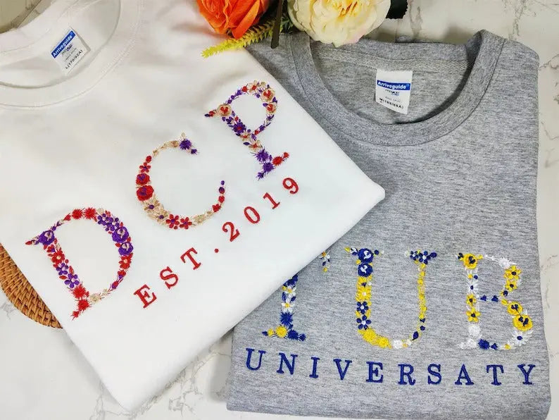Floral Letter Embroidered Hoodie Flower Letter College University