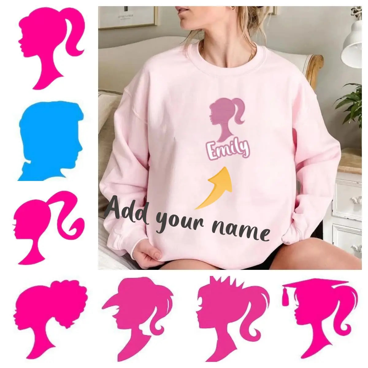 Doll head and custom name embroidered sweatshirt customifeel