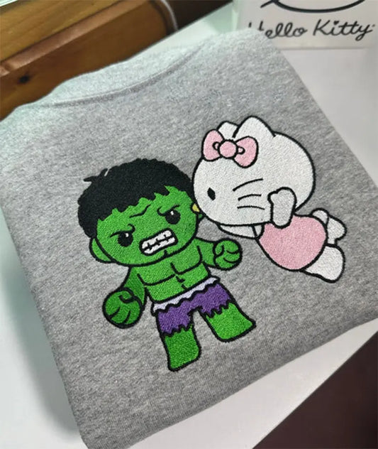 Kitty Kissing Hulk Embroidered Sweatshirt customifeel